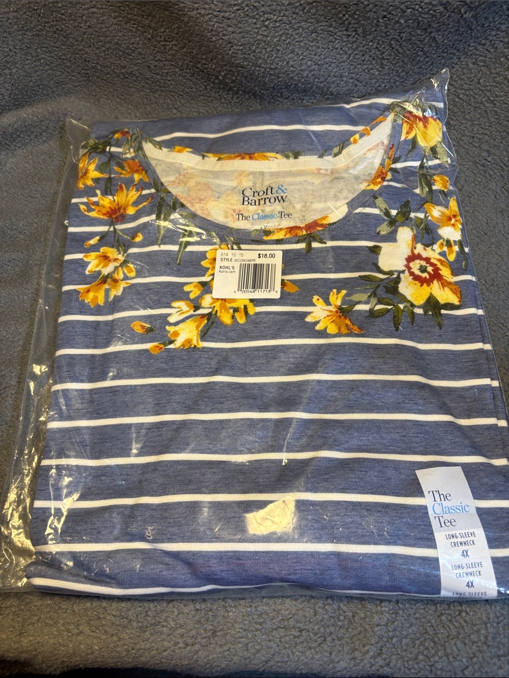 croft & barrow Blue and White Stripe Long-Sleeve Tee with Yellow Floral Accent